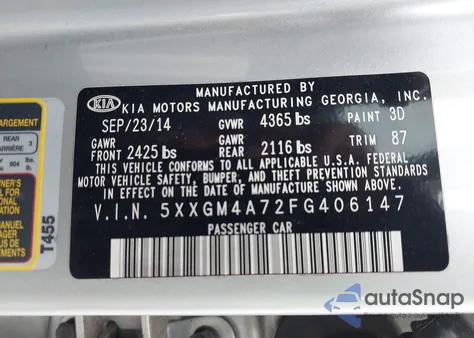 2015 Kia Optima Lx z USA, uszkodzony, nr VIN 5XXGM4A72FG406147